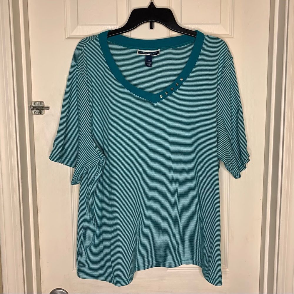 Karen Scott Teal and White Striped Top V Neck Size 3X